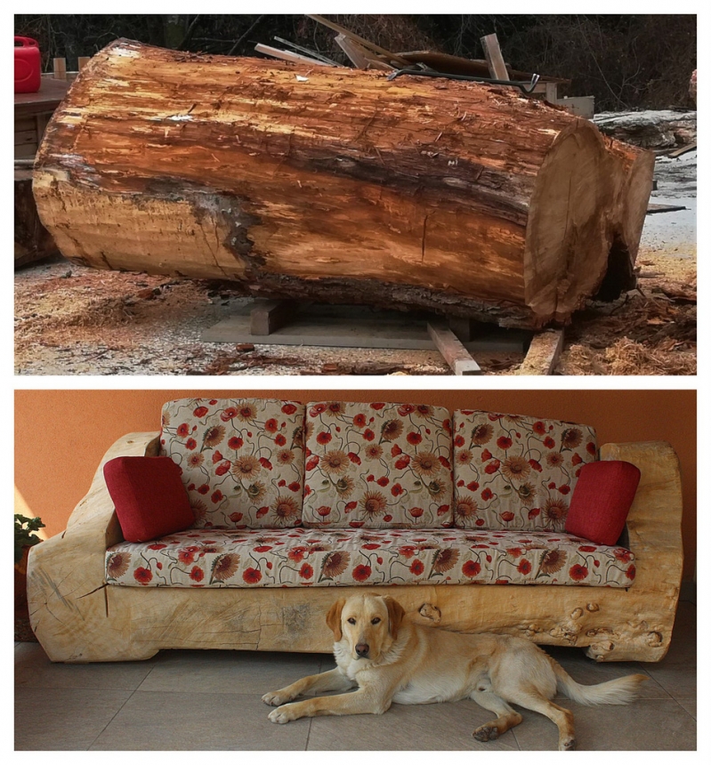 divano in legno ricavato da un unico tronco